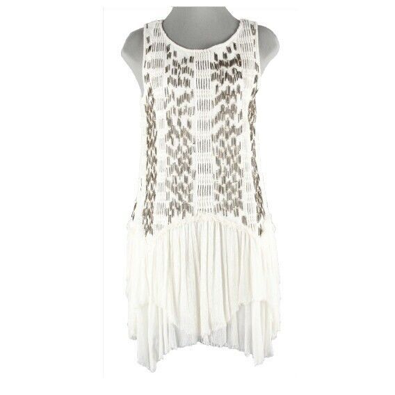 Free People Sz SP Cream Bronze Beaded Asym Hem Viscose Tunic Cotton Dress