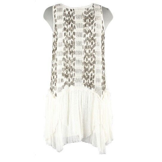 Free People Sz SP Cream Bronze Beaded Asym Hem Viscose Tunic Cotton Dress