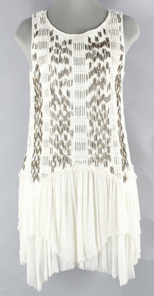 Free People Sz SP Cream Bronze Beaded Asym Hem Viscose Tunic Cotton Dress