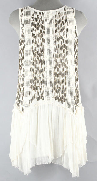 Free People Sz SP Cream Bronze Beaded Asym Hem Viscose Tunic Cotton Dress