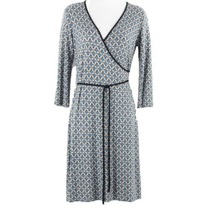 Ann Taylor LOFT Sz 0 Blue Black Gray 2Pc Belt Faux Wrap Rayon Blend Dress