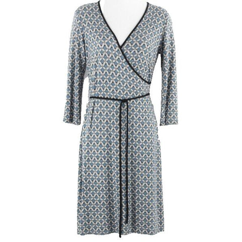 Ann Taylor LOFT Sz 0 Blue Black Gray 2Pc Belt Faux Wrap Rayon Blend Dress