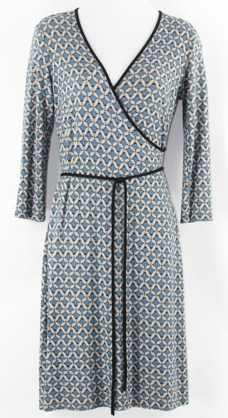 Ann Taylor LOFT Sz 0 Blue Black Gray 2Pc Belt Faux Wrap Rayon Blend Dress