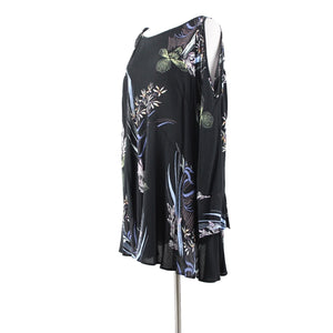 Free People Sz XS Black Multi Color Floral Cold Shoulder 100% Rayon Flowy Dress