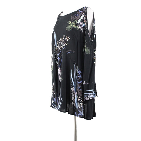 Free People Sz XS Black Multi Color Floral Cold Shoulder 100% Rayon Flowy Dress