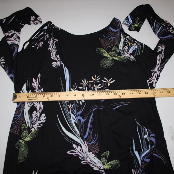 Free People Sz XS Black Multi Color Floral Cold Shoulder 100% Rayon Flowy Dress