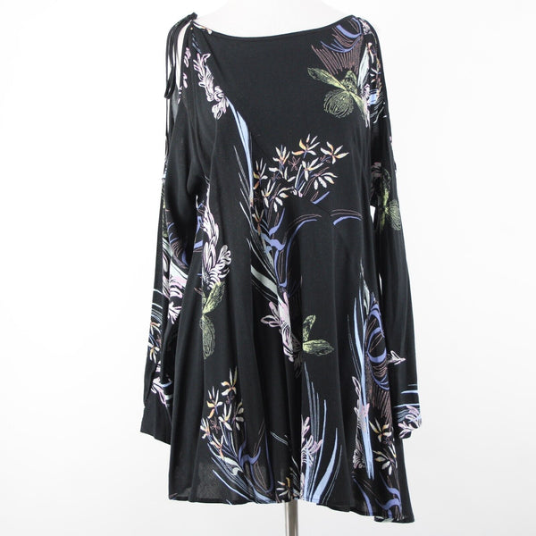 Free People Sz XS Black Multi Color Floral Cold Shoulder 100% Rayon Flowy Dress