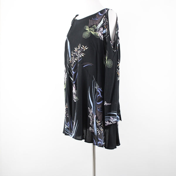 Free People Sz XS Black Multi Color Floral Cold Shoulder 100% Rayon Flowy Dress