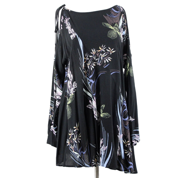 Free People Sz XS Black Multi Color Floral Cold Shoulder 100% Rayon Flowy Dress