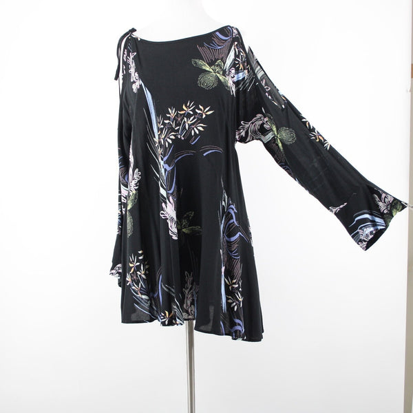 Free People Sz XS Black Multi Color Floral Cold Shoulder 100% Rayon Flowy Dress