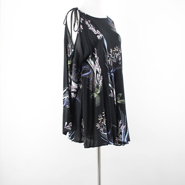 Free People Sz XS Black Multi Color Floral Cold Shoulder 100% Rayon Flowy Dress