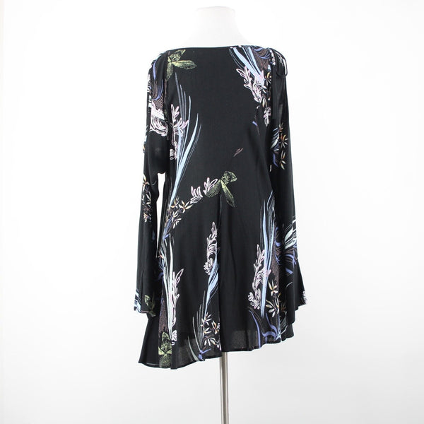 Free People Sz XS Black Multi Color Floral Cold Shoulder 100% Rayon Flowy Dress