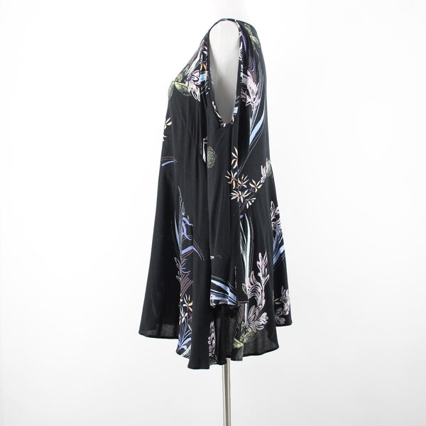 Free People Sz XS Black Multi Color Floral Cold Shoulder 100% Rayon Flowy Dress