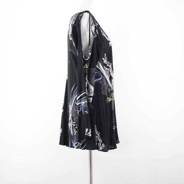 Free People Sz XS Black Multi Color Floral Cold Shoulder 100% Rayon Flowy Dress
