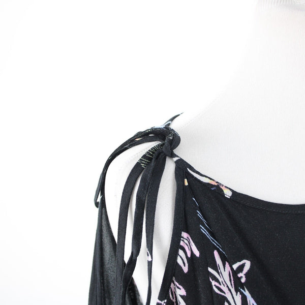 Free People Sz XS Black Multi Color Floral Cold Shoulder 100% Rayon Flowy Dress