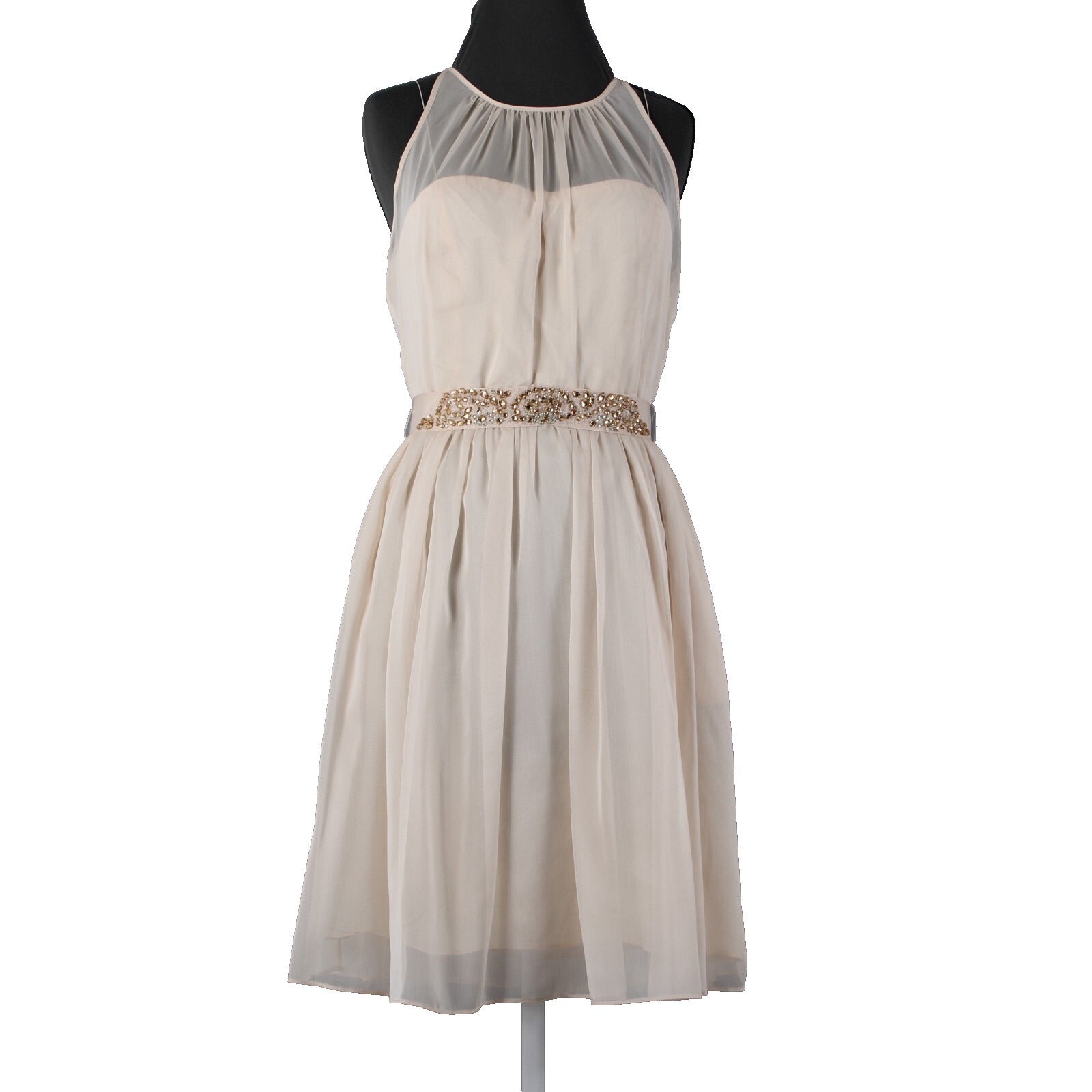 Adrianna Papell Sz 10 Tan Gold Rhinestones Belted Lined 100% Poly Acetate Dress