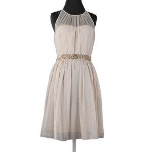 Adrianna Papell Sz 10 Tan Gold Rhinestones Belted Lined 100% Poly Acetate Dress