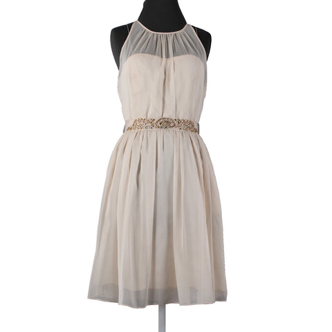 Adrianna Papell Sz 10 Tan Gold Rhinestones Belted Lined 100% Poly Acetate Dress