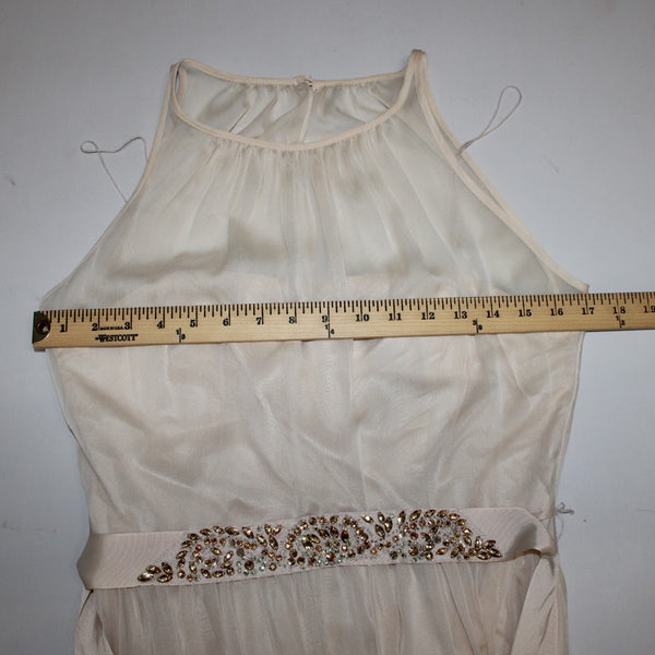 Adrianna Papell Sz 10 Tan Gold Rhinestones Belted Lined 100% Poly Acetate Dress
