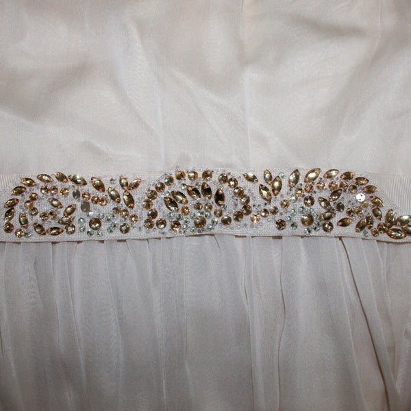Adrianna Papell Sz 10 Tan Gold Rhinestones Belted Lined 100% Poly Acetate Dress