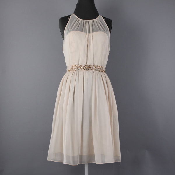 Adrianna Papell Sz 10 Tan Gold Rhinestones Belted Lined 100% Poly Acetate Dress