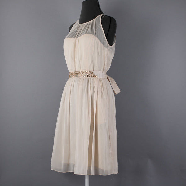 Adrianna Papell Sz 10 Tan Gold Rhinestones Belted Lined 100% Poly Acetate Dress