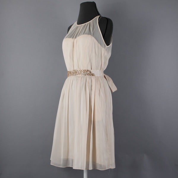 Adrianna Papell Sz 10 Tan Gold Rhinestones Belted Lined 100% Poly Acetate Dress