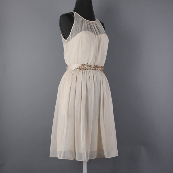 Adrianna Papell Sz 10 Tan Gold Rhinestones Belted Lined 100% Poly Acetate Dress