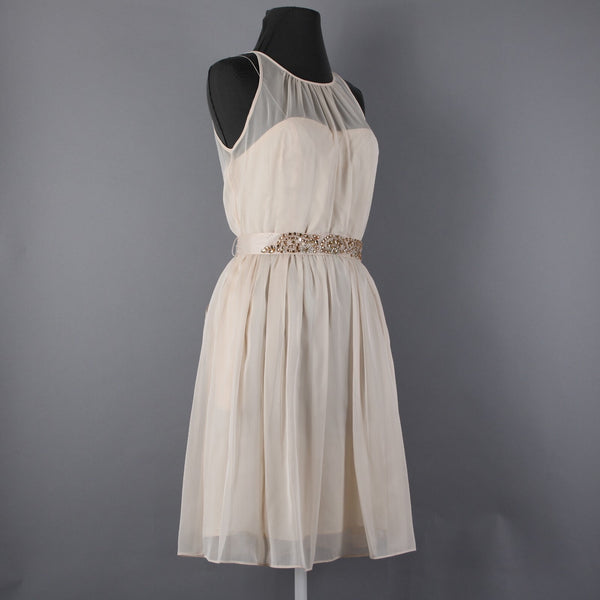 Adrianna Papell Sz 10 Tan Gold Rhinestones Belted Lined 100% Poly Acetate Dress