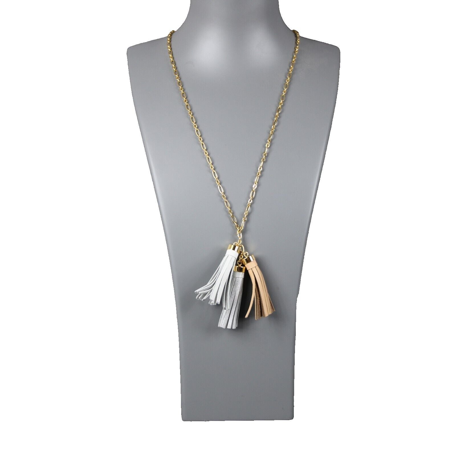 J Crew NEW $40 Goldtone Silver White Tan Tassles 27" Ext. 2" Necklace