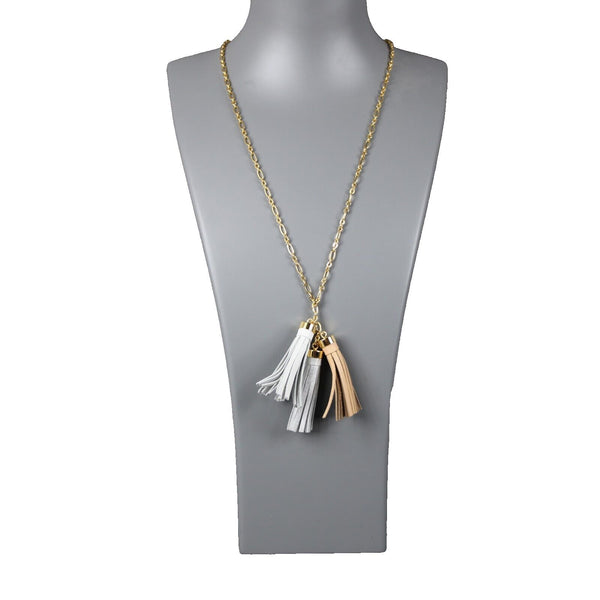 J Crew NEW $40 Goldtone Silver White Tan Tassles 27" Ext. 2" Necklace