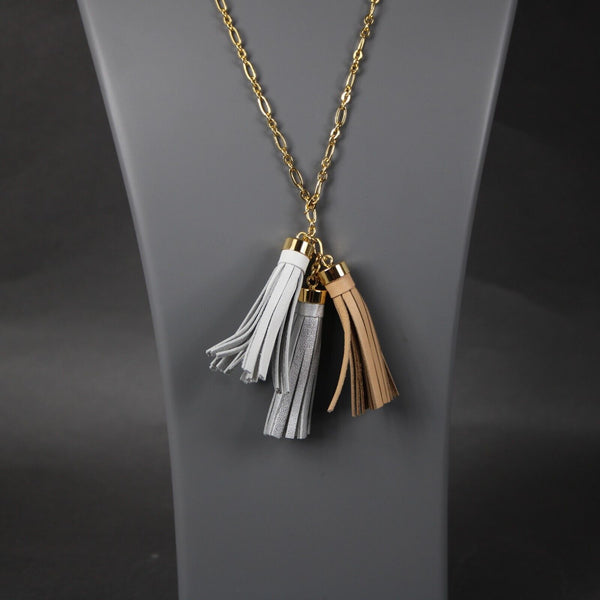 J Crew NEW $40 Goldtone Silver White Tan Tassles 27" Ext. 2" Necklace