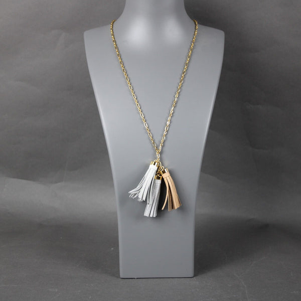 J Crew NEW $40 Goldtone Silver White Tan Tassles 27" Ext. 2" Necklace