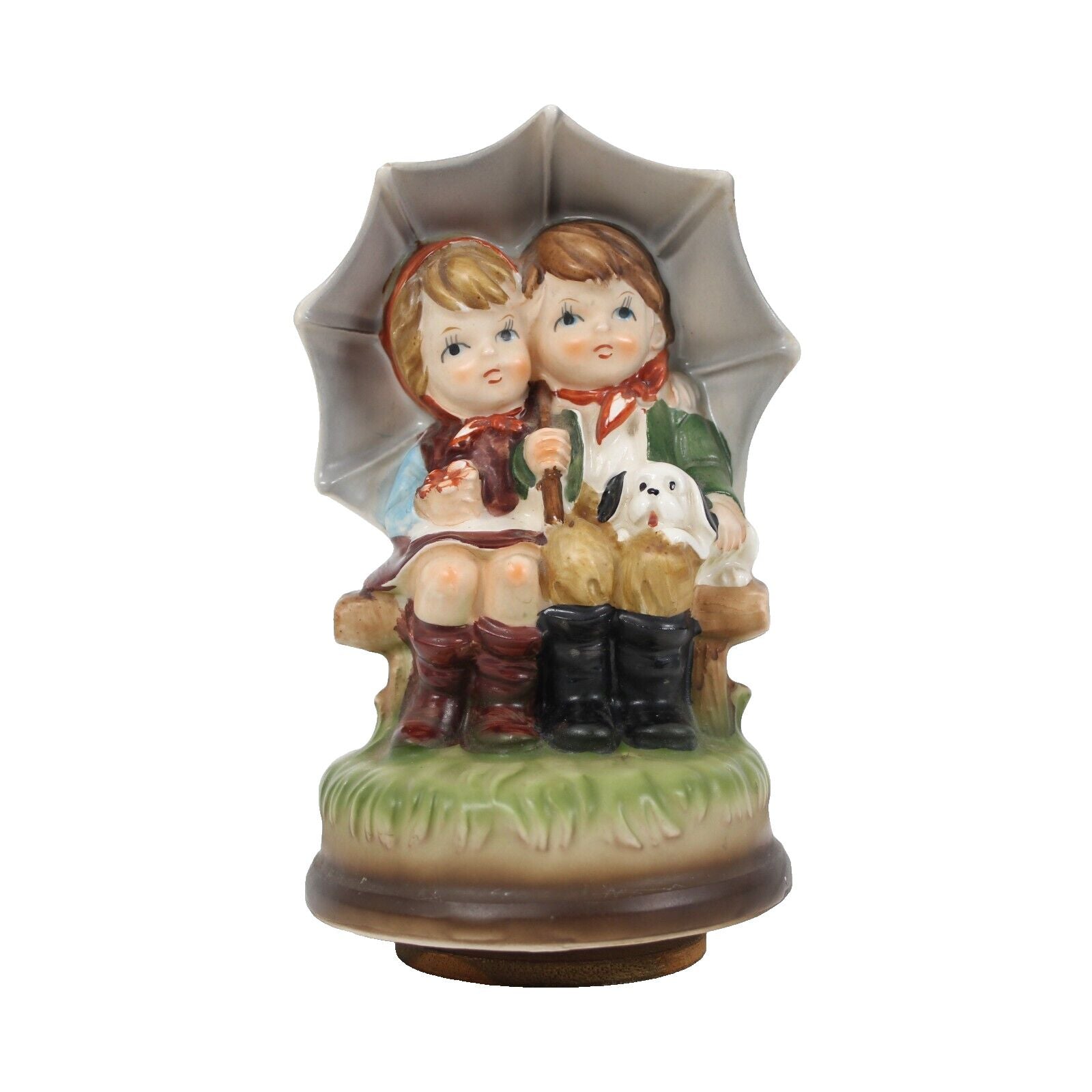 Made in Japan Boy And Girl With Puppy Hand Painted Pottery 7" Music Figurine