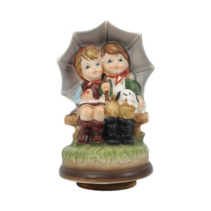 Made in Japan Boy And Girl With Puppy Hand Painted Pottery 7" Music Figurine