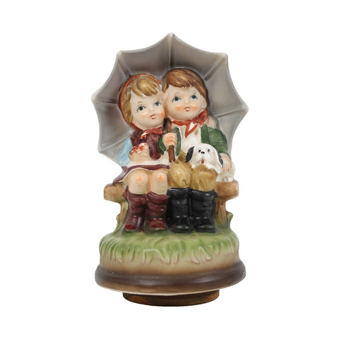 Made in Japan Boy And Girl With Puppy Hand Painted Pottery 7" Music Figurine