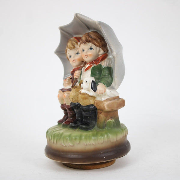 Made in Japan Boy And Girl With Puppy Hand Painted Pottery 7" Music Figurine