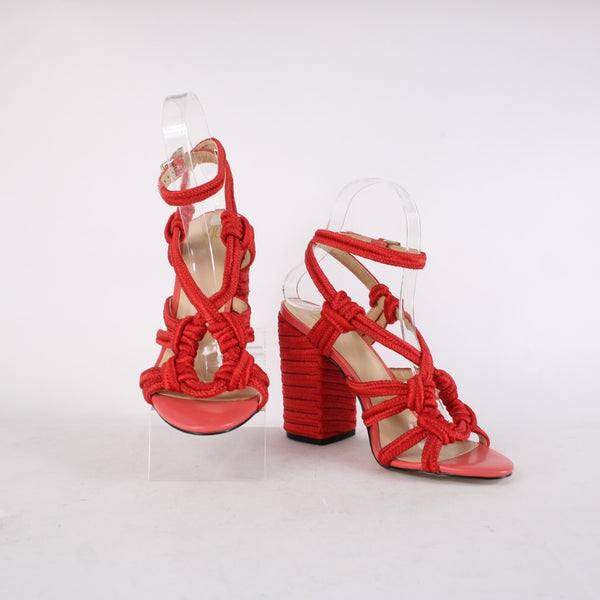 Cabi Heels Tip Toe Sz 7 M Hibiscus Red Knotted Rope Detail Polyester 4" Heels