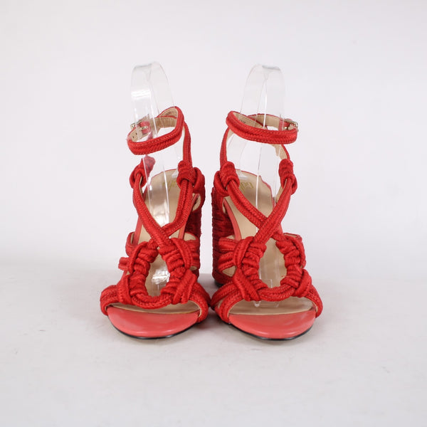 Cabi Heels Tip Toe Sz 7 M Hibiscus Red Knotted Rope Detail Polyester 4" Heels