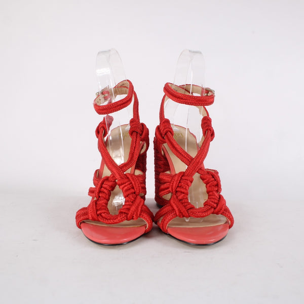Cabi Heels Tip Toe Sz 7 M Hibiscus Red Knotted Rope Detail Polyester 4" Heels