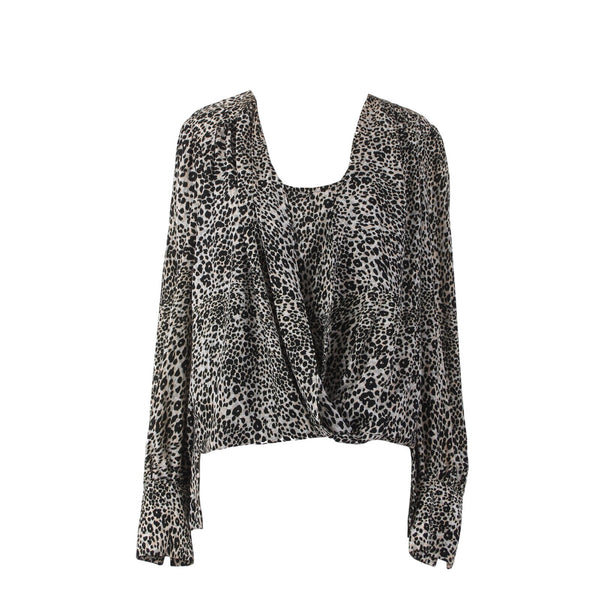 Bcbg Maxazria Top Sz S Black Brown Animal Print Draped Front 100% Polyester Top