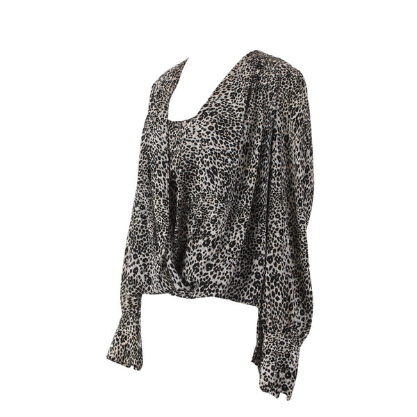 Bcbg Maxazria Top Sz S Black Brown Animal Print Draped Front 100% Polyester Top