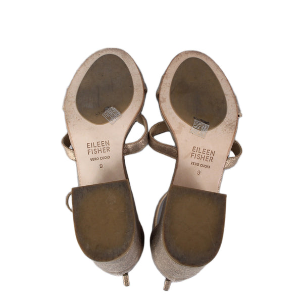 Eileen Fisher Heels Sz 9 Bronze Adjustable Ankle Strap Open Toe Leather 3" Heels