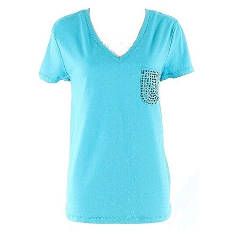 Chaus Sz M Aqua Blue Charcoal Studs on Pocket V Neck Cotton Spandex Top