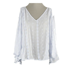 JLo Sz XS Dusty Lt Blue Sheer Embroidered Hi Lo Open Sleeve Poly Blend Top
