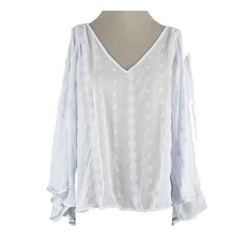 JLo Sz XS Dusty Lt Blue Sheer Embroidered Hi Lo Open Sleeve Poly Blend Top