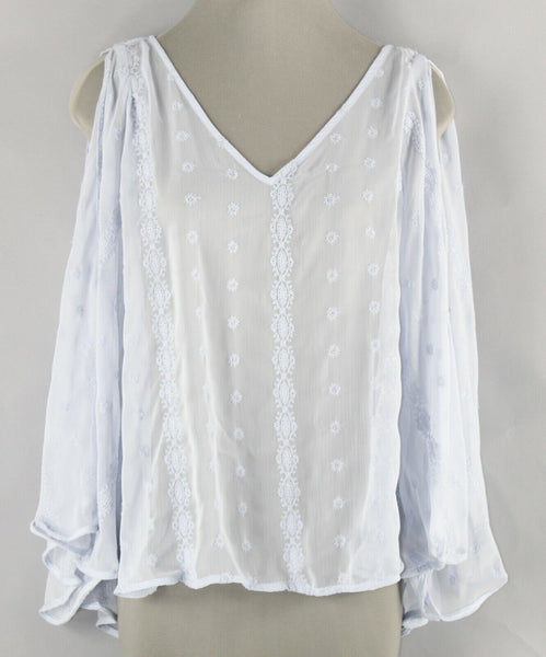 JLo Sz XS Dusty Lt Blue Sheer Embroidered Hi Lo Open Sleeve Poly Blend Top