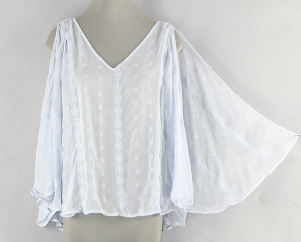 JLo Sz XS Dusty Lt Blue Sheer Embroidered Hi Lo Open Sleeve Poly Blend Top