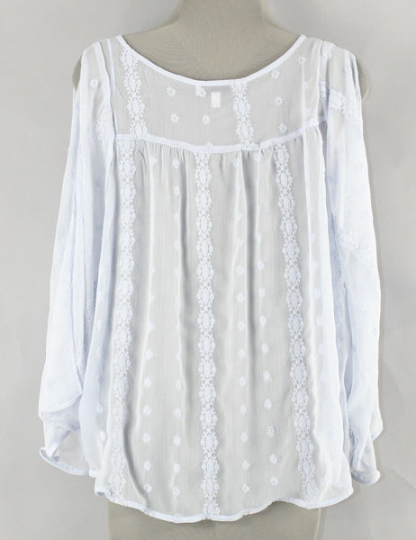 JLo Sz XS Dusty Lt Blue Sheer Embroidered Hi Lo Open Sleeve Poly Blend Top