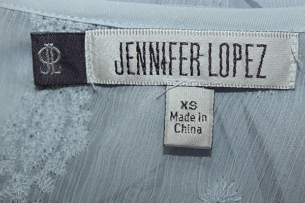 JLo Sz XS Dusty Lt Blue Sheer Embroidered Hi Lo Open Sleeve Poly Blend Top